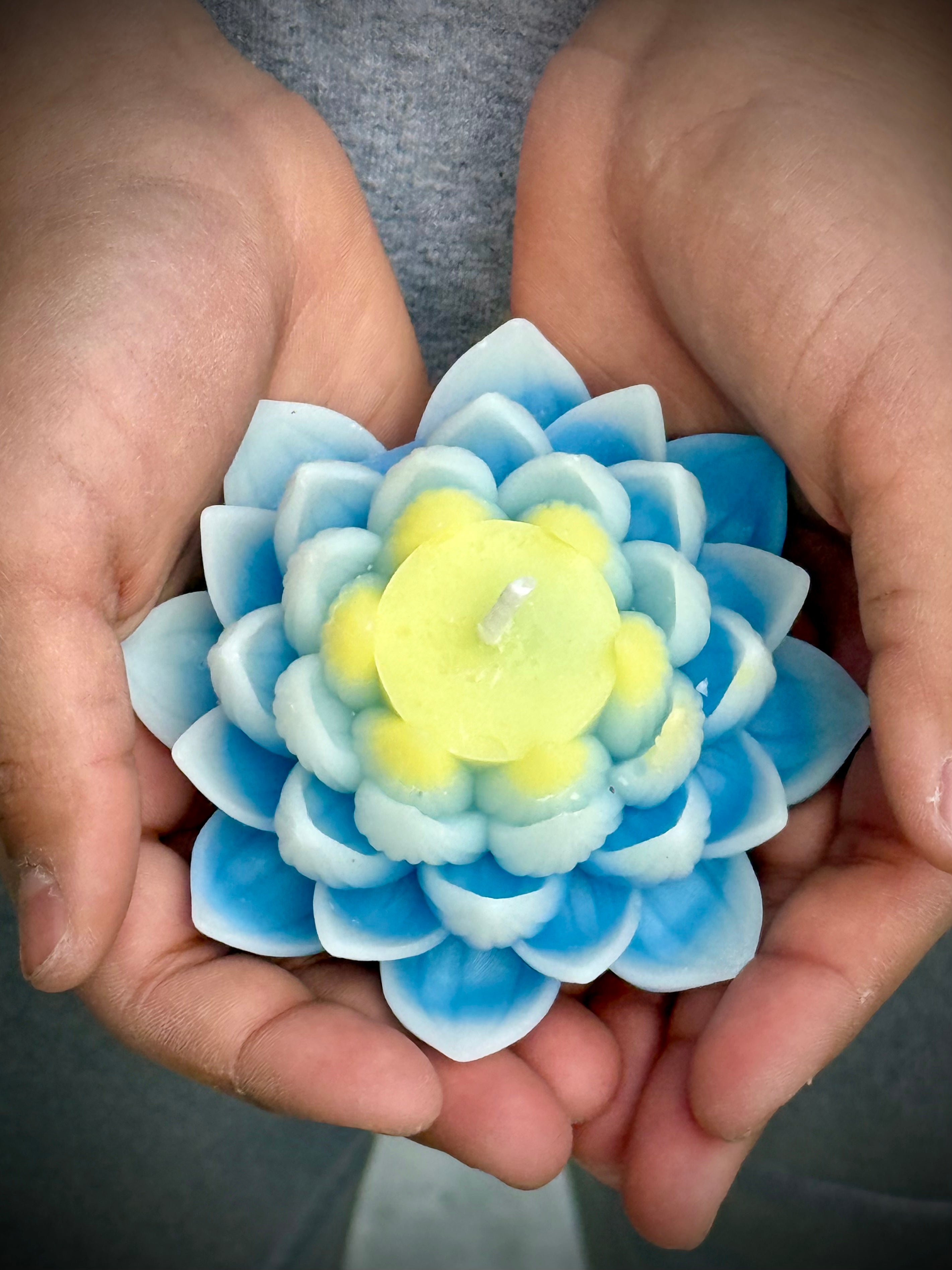 Lotus Candle White Tips and Blue Petals